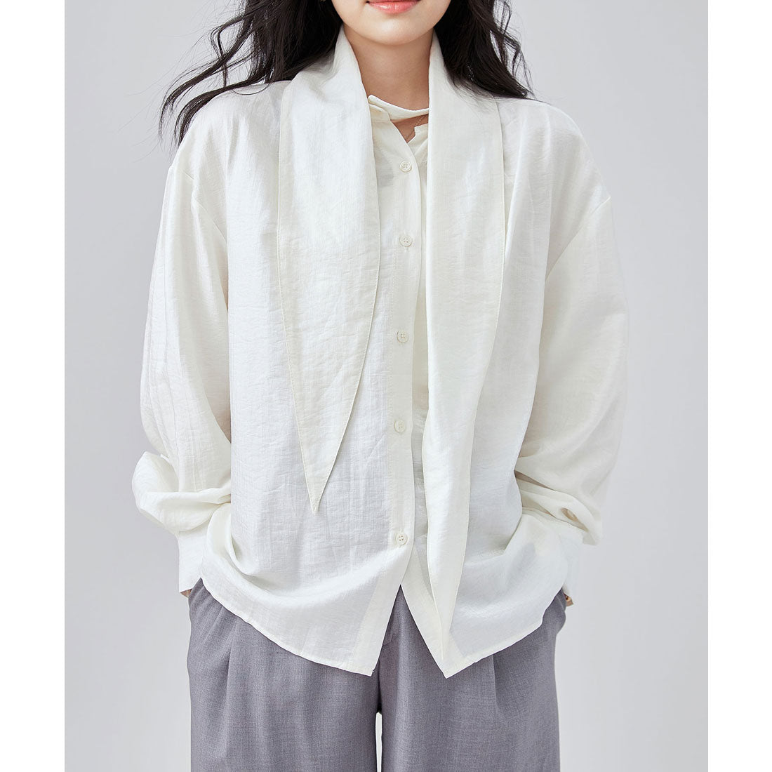 レースレディース Lace Ladies ボウタイ付き フロント ボタン 長袖 ブラウス (ホワイト) ホワイト