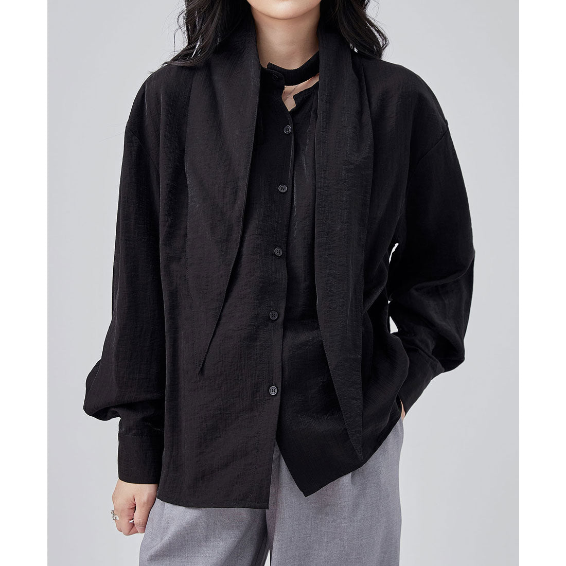 レースレディース Lace Ladies ボウタイ付き フロント ボタン 長袖 ブラウス (ブラック) ブラック