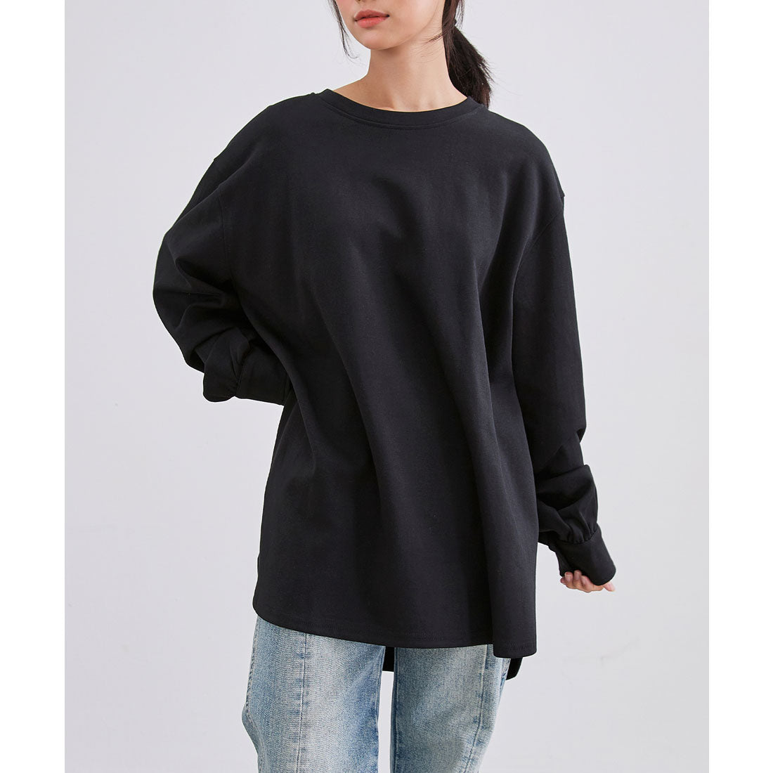 レースレディース Lace Ladies ソリッドカラー ラウンドヘム 長袖 フレア プルオーバー (ブラック) ブラック