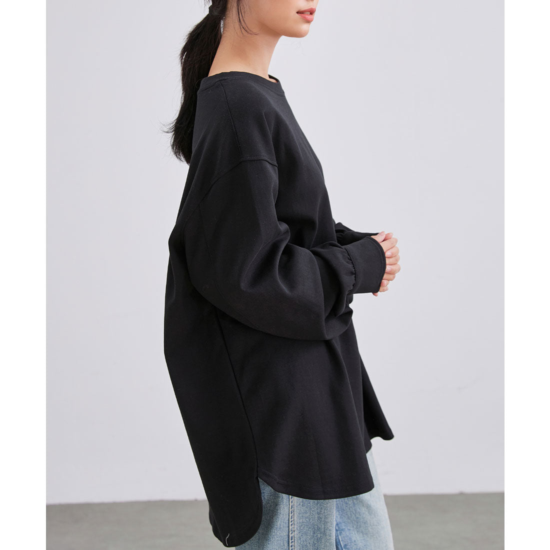 レースレディース Lace Ladies ソリッドカラー ラウンドヘム 長袖 フレア プルオーバー (ブラック) ブラック