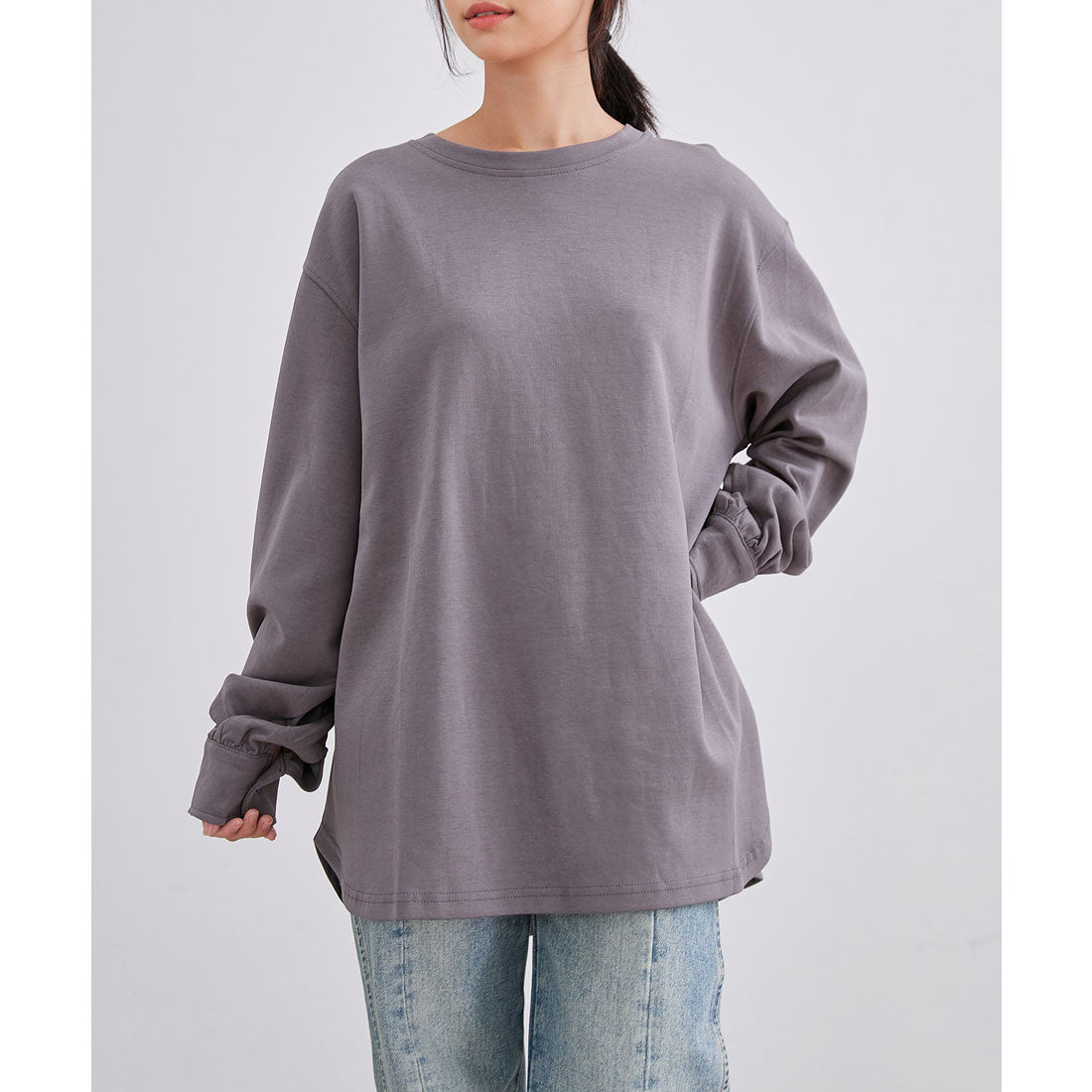 レースレディース Lace Ladies ソリッドカラー ラウンドヘム 長袖 フレア プルオーバー (グレー) グレー