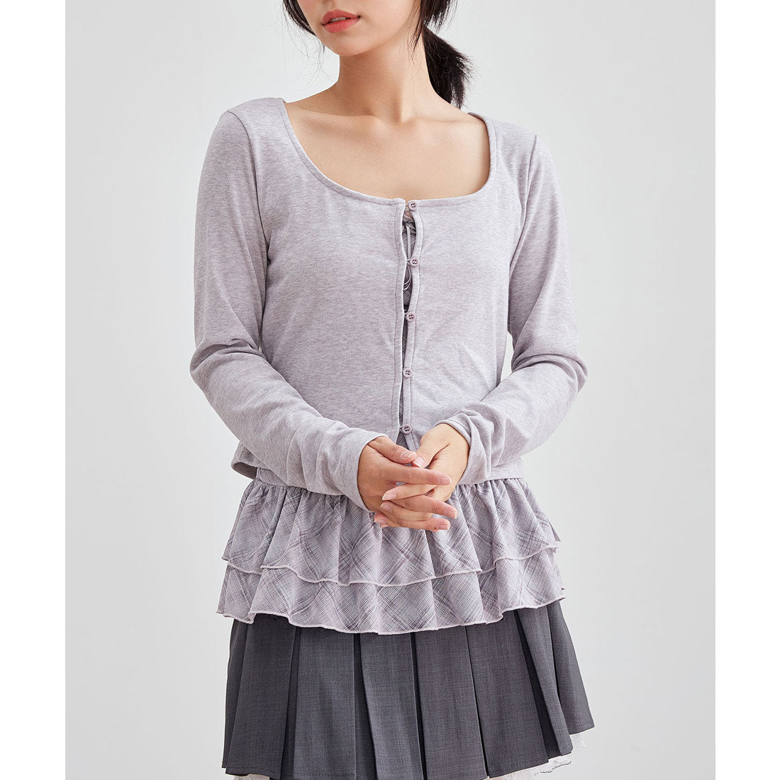 レースレディース Lace Ladies 【2点セット】チェック柄 フリル インナー × ラウンドネック カーディガン (ラベンダー) ラベンダー