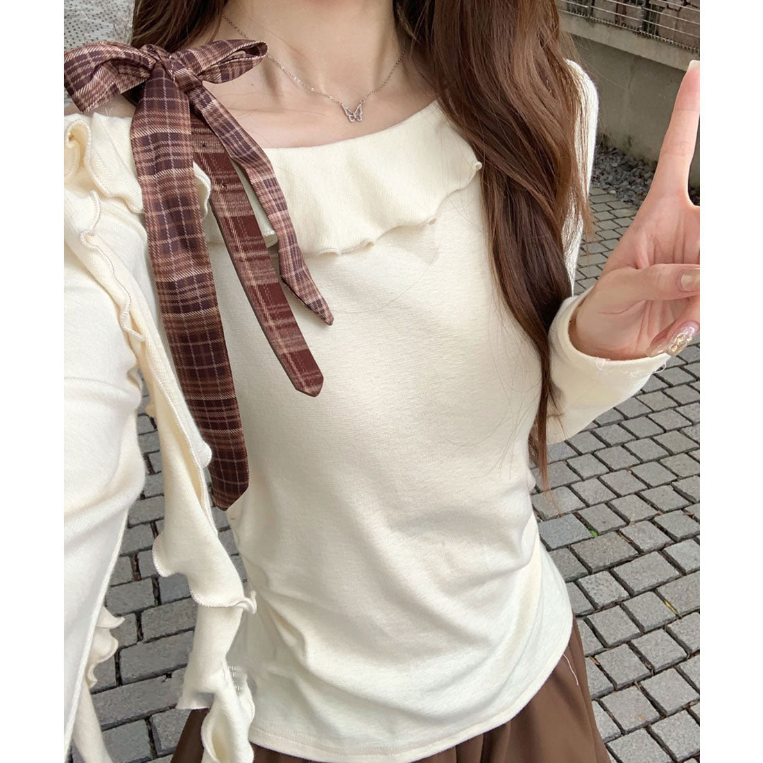 レースレディース Lace Ladies チェック柄 ストラップ リボン付き フリル トップス (アイボリー) アイボリー