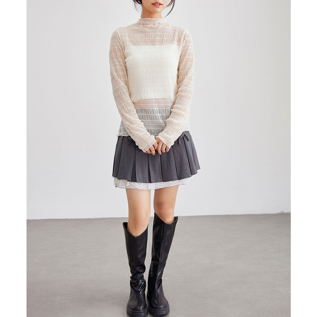 レースレディース Lace Ladies メッシュ シャーリング 長袖 ハイネック トップス (アイボリー) アイボリー