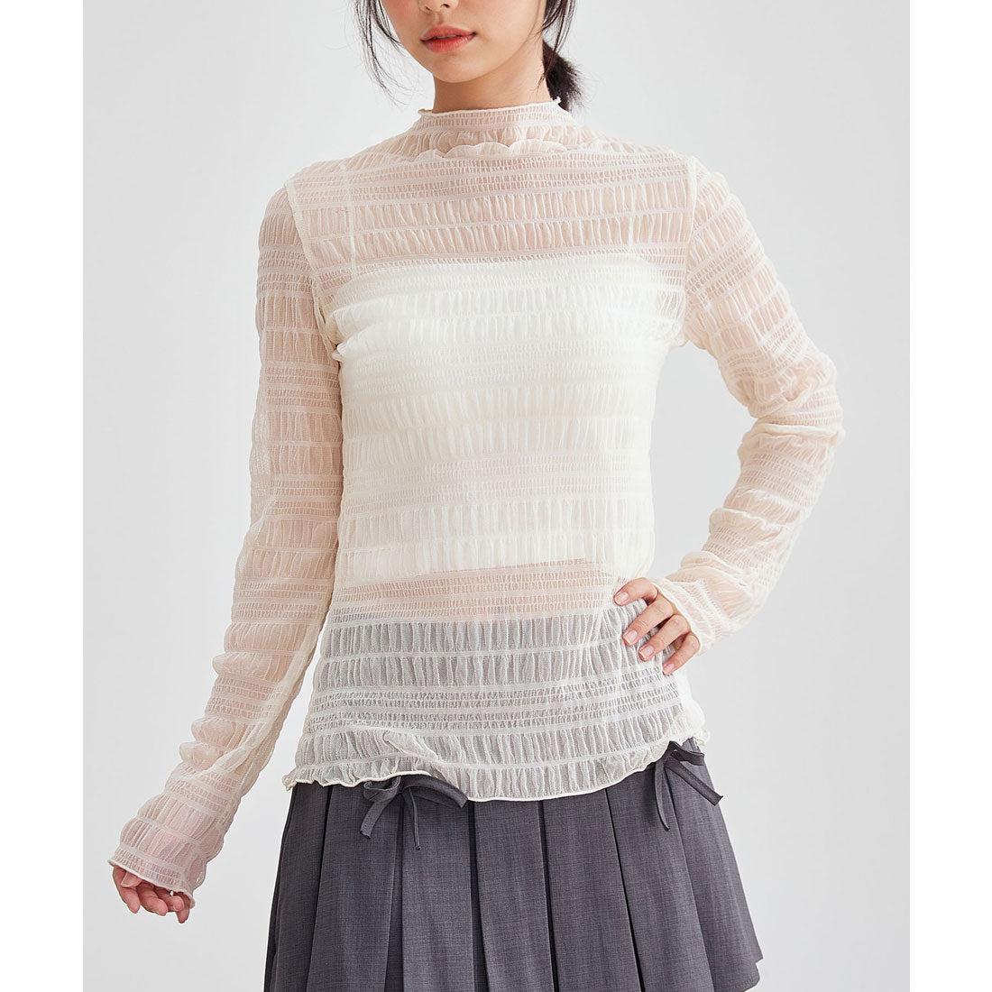 レースレディース Lace Ladies メッシュ シャーリング 長袖 ハイネック トップス (アイボリー) アイボリー