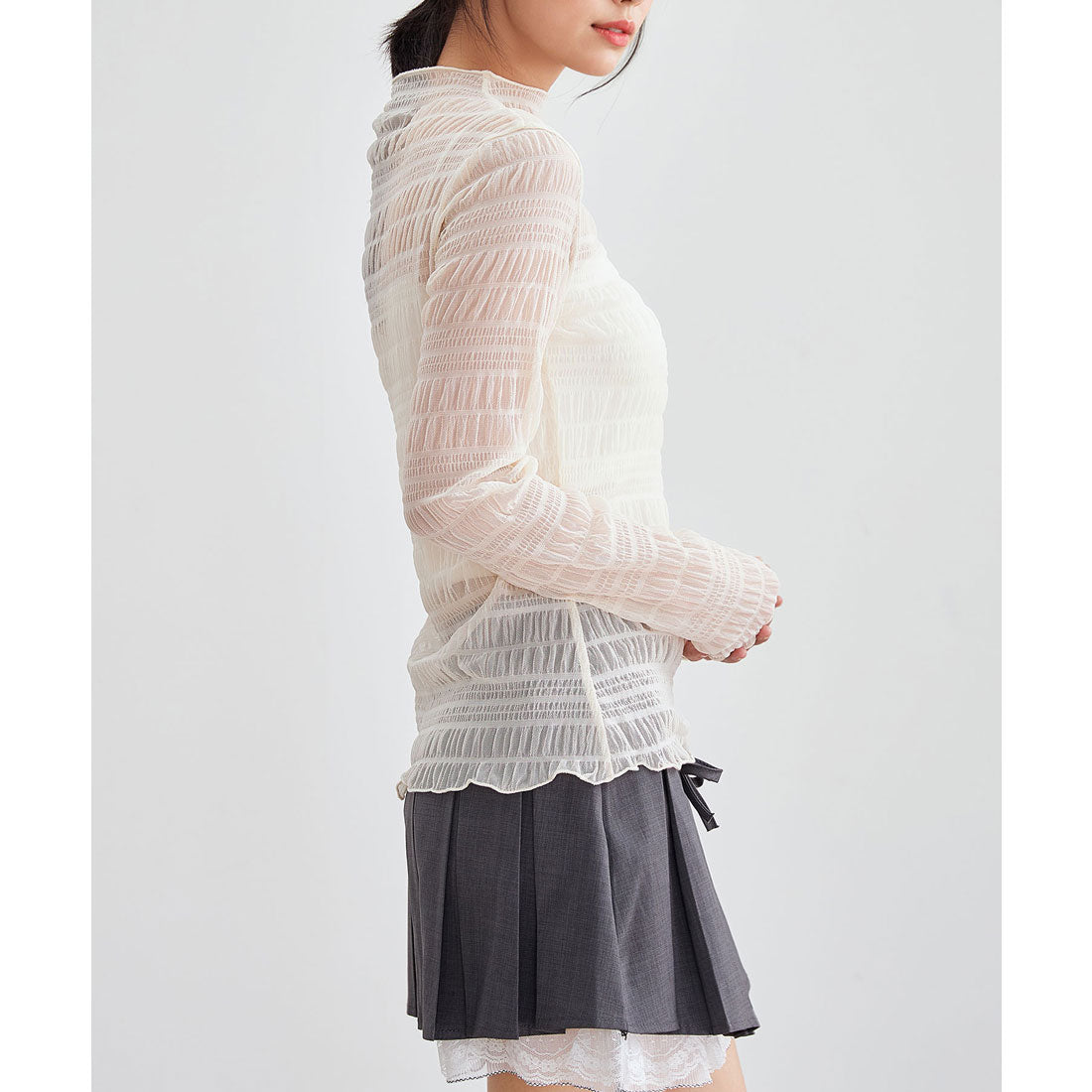 レースレディース Lace Ladies メッシュ シャーリング 長袖 ハイネック トップス (アイボリー) アイボリー