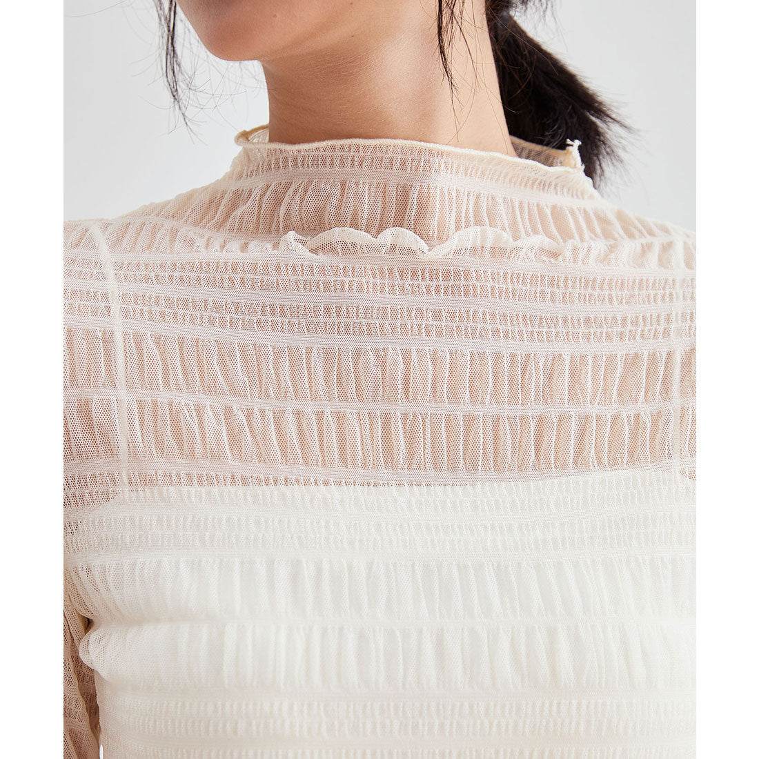 レースレディース Lace Ladies メッシュ シャーリング 長袖 ハイネック トップス (アイボリー) アイボリー