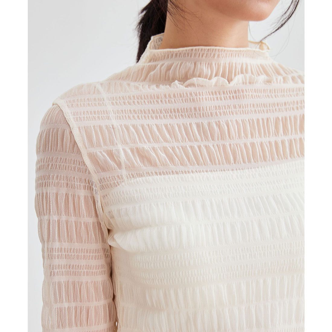 レースレディース Lace Ladies メッシュ シャーリング 長袖 ハイネック トップス (アイボリー) アイボリー