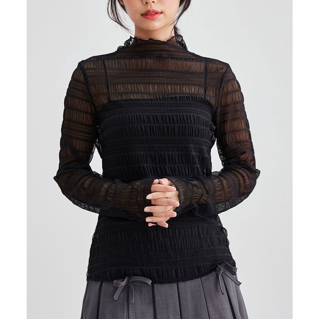 レースレディース Lace Ladies メッシュ シャーリング 長袖 ハイネック トップス (ブラック) ブラック