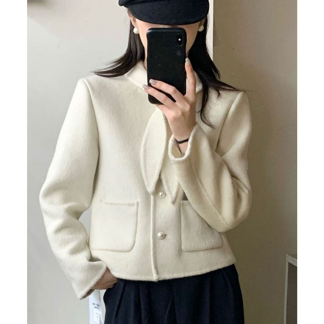 レースレディース Lace Ladies コットン ウール スカーフ付き パールボタン ジャケット (アイボリー) アイボリー