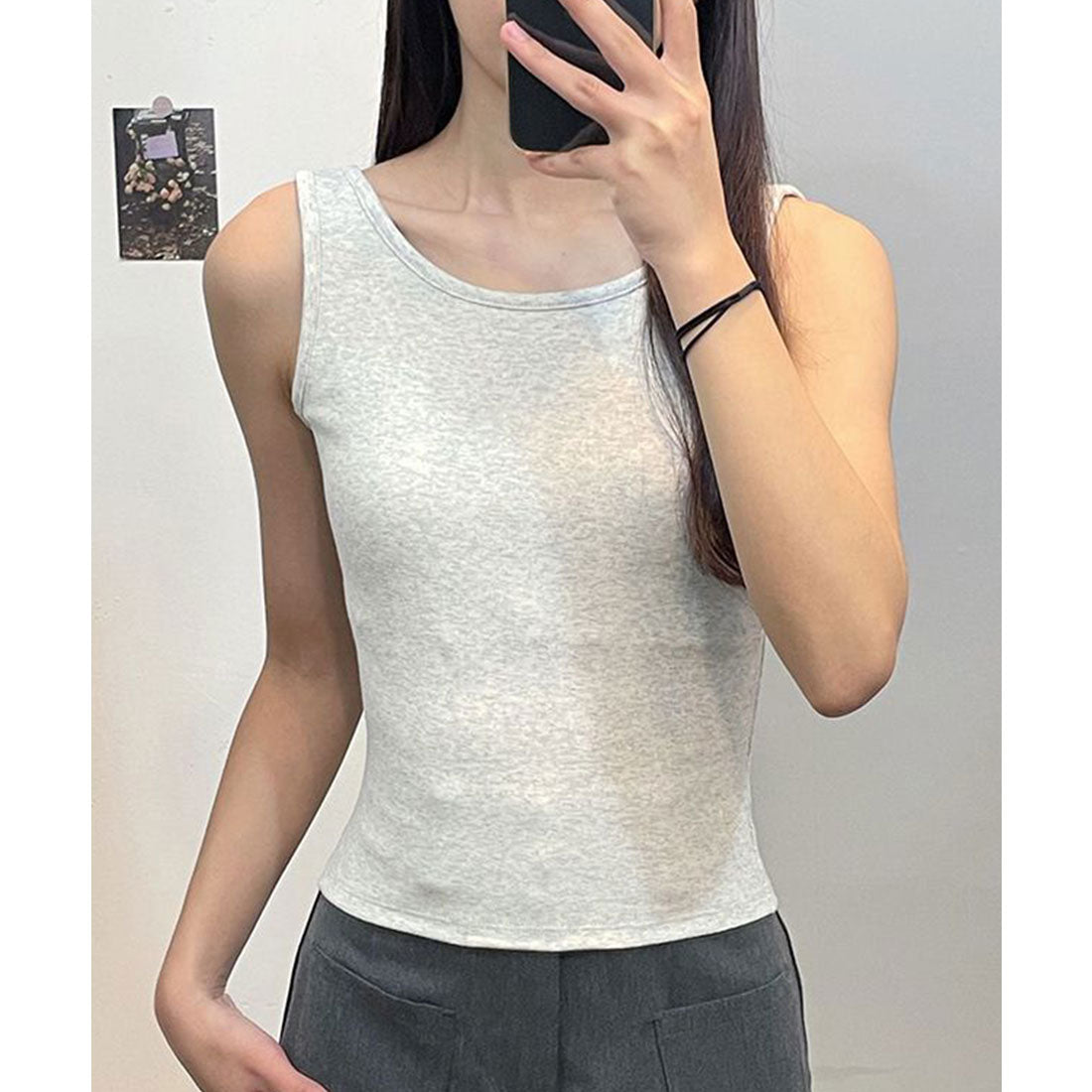 レースレディース Lace Ladies Vバック リボン付き カップ付き ノースリーブ タンクトップ (グレー) グレー