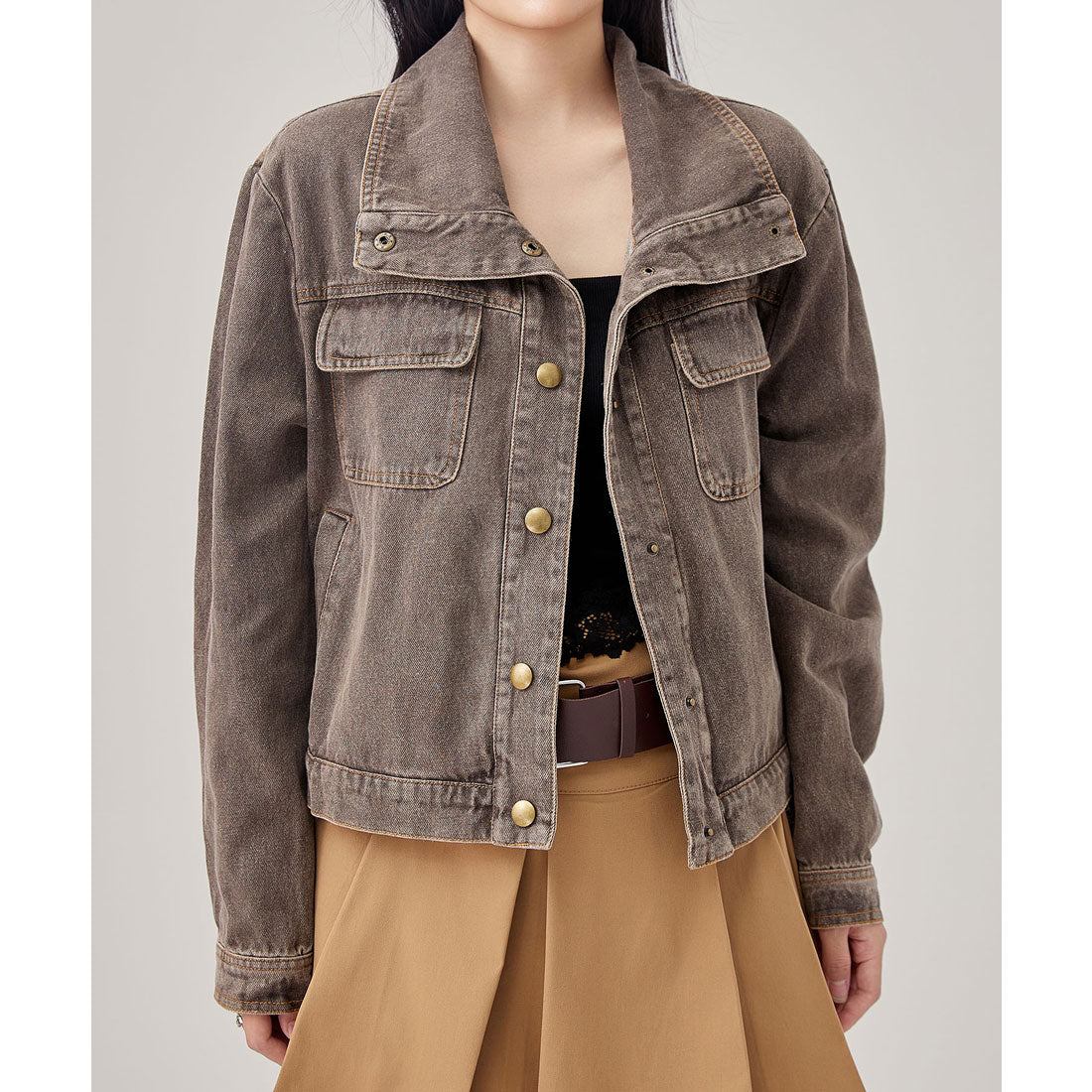 レースレディース Lace Ladies 2WAY カラー コンパクト デニム ジャケット (グレージュ) グレージュ