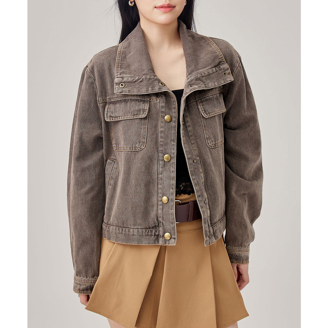 レースレディース Lace Ladies 2WAY カラー コンパクト デニム ジャケット (グレージュ) グレージュ