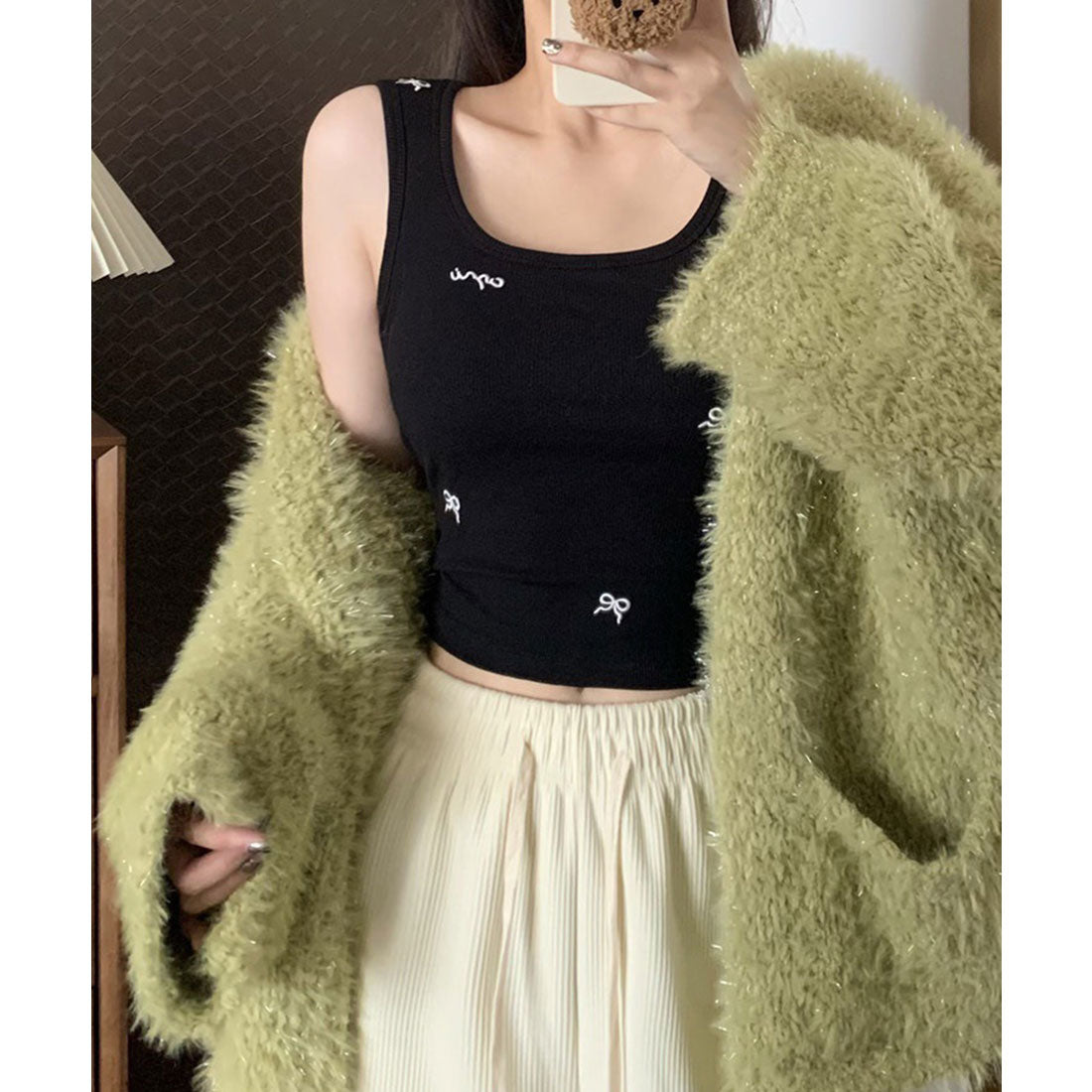 レースレディース Lace Ladies メニー リボン 刺繍 カップ付き タンクトップ (ブラック) ブラック