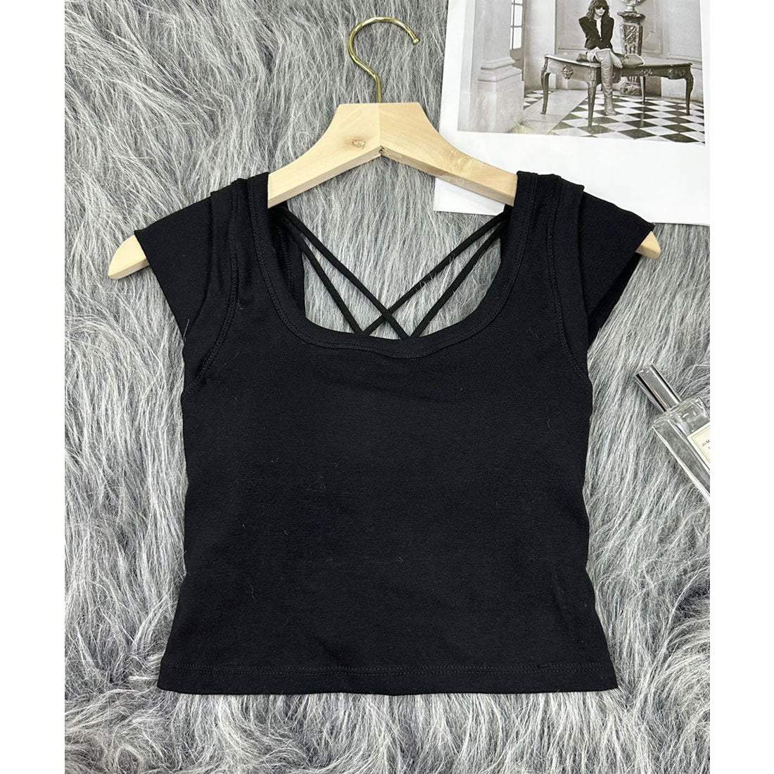 レースレディース Lace Ladies ソリッドカラー カップスリーブ バック オープン ハーフトップ (ブラック) ブラック