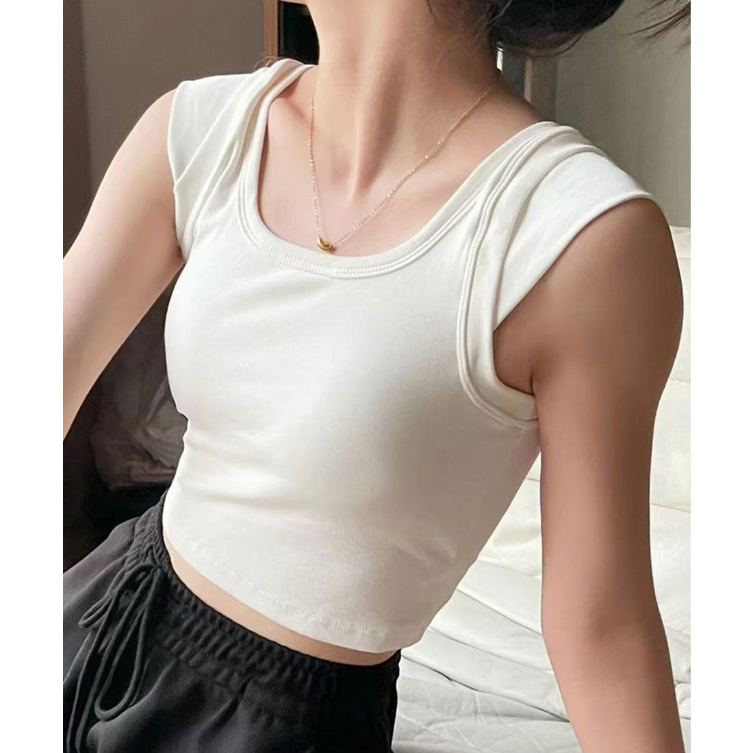 レースレディース Lace Ladies ソリッドカラー カップスリーブ バック オープン ハーフトップ (ホワイト) ホワイト