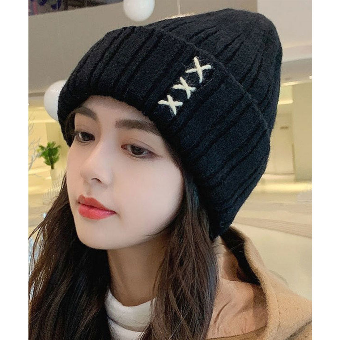 レースレディース Lace Ladies クロス ステッチ リブ ニット ワッチ キャップ (ブラック) ブラック