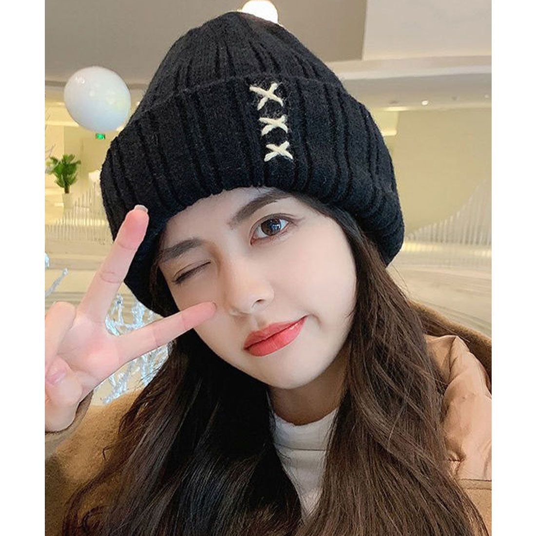 レースレディース Lace Ladies クロス ステッチ リブ ニット ワッチ キャップ (ブラック) ブラック