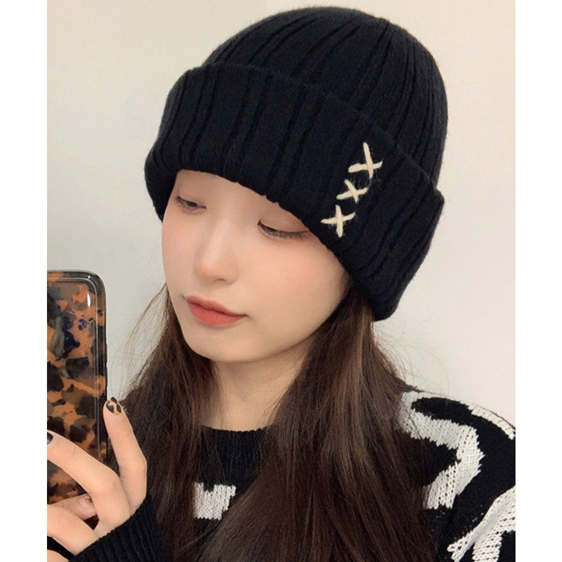 レースレディース Lace Ladies クロス ステッチ リブ ニット ワッチ キャップ (ブラック) ブラック