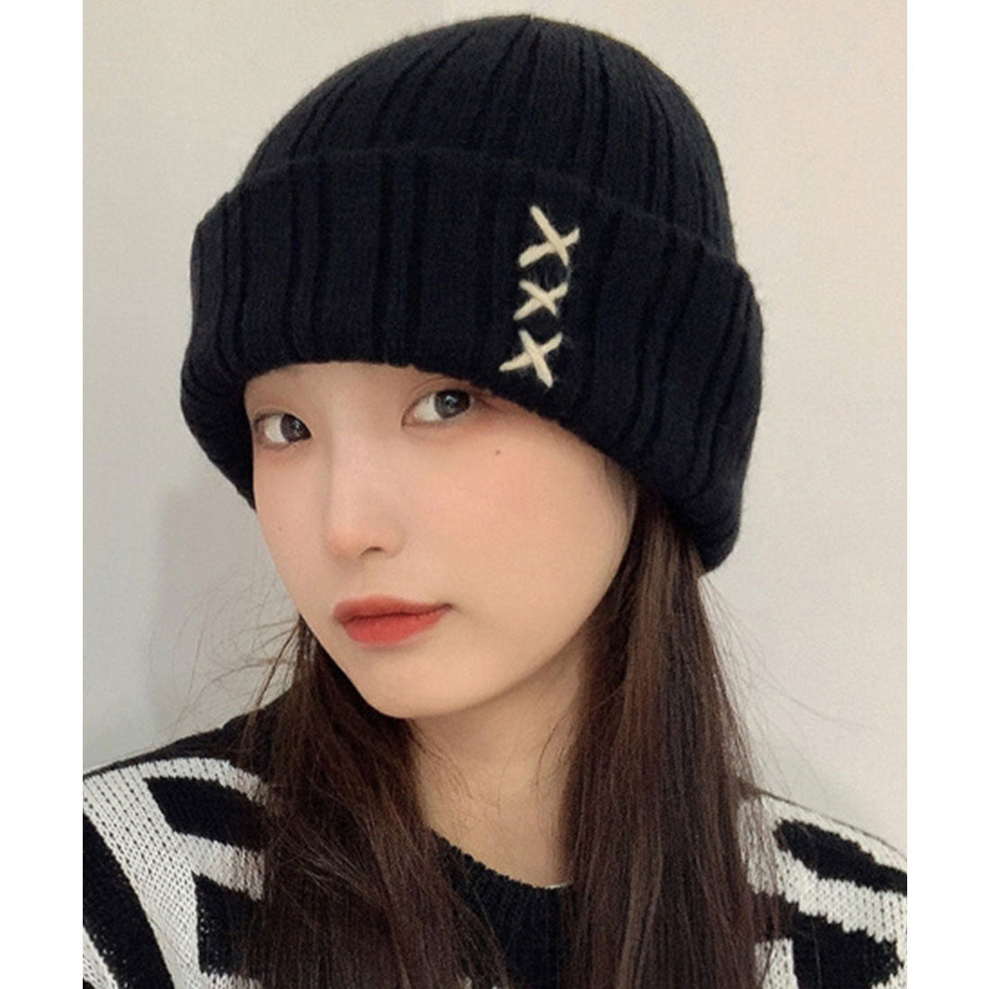 レースレディース Lace Ladies クロス ステッチ リブ ニット ワッチ キャップ (ブラック) ブラック