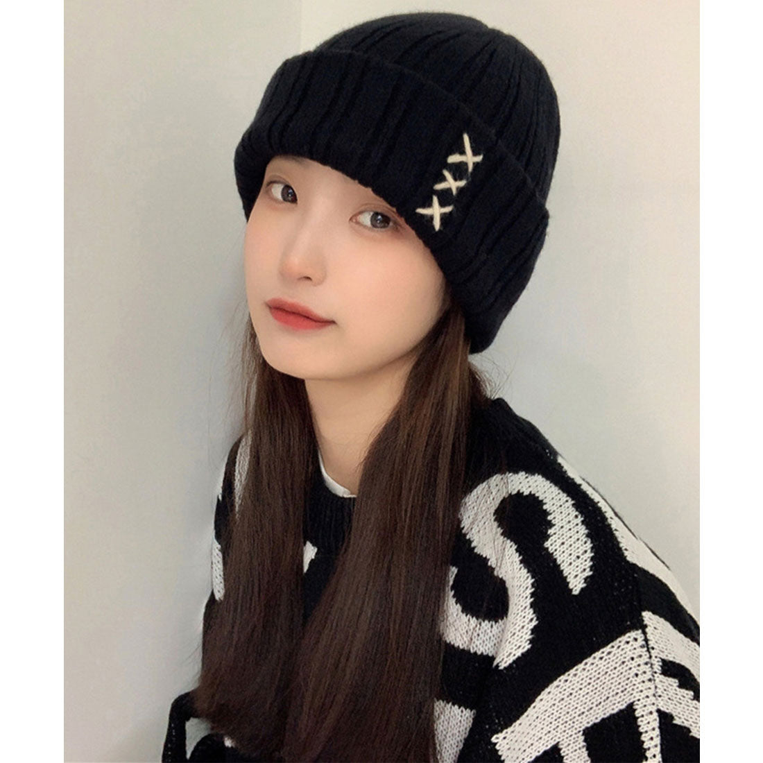 レースレディース Lace Ladies クロス ステッチ リブ ニット ワッチ キャップ (ブラック) ブラック