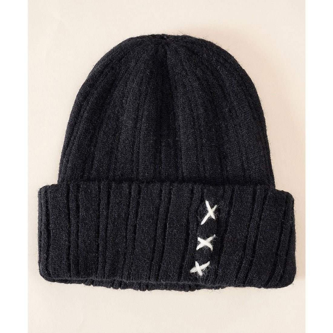 レースレディース Lace Ladies クロス ステッチ リブ ニット ワッチ キャップ (ブラック) ブラック