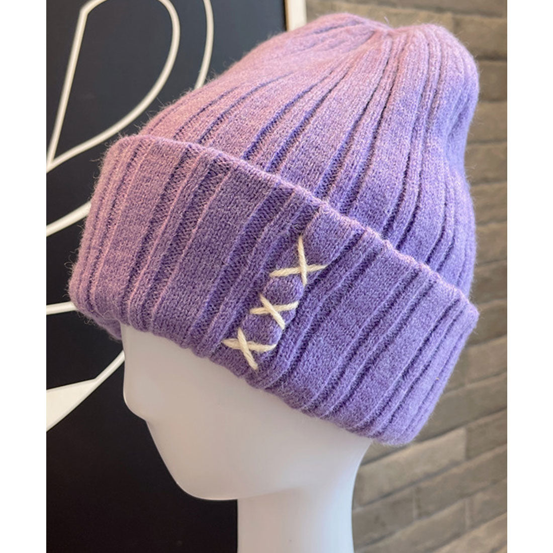 レースレディース Lace Ladies クロス ステッチ リブ ニット ワッチ キャップ (ブラック) ブラック