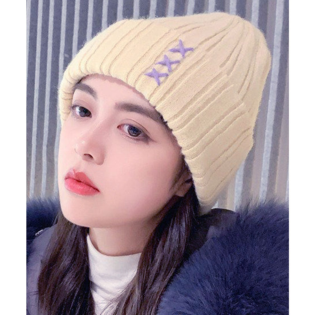 レースレディース Lace Ladies クロス ステッチ リブ ニット ワッチ キャップ (アイボリー) アイボリー