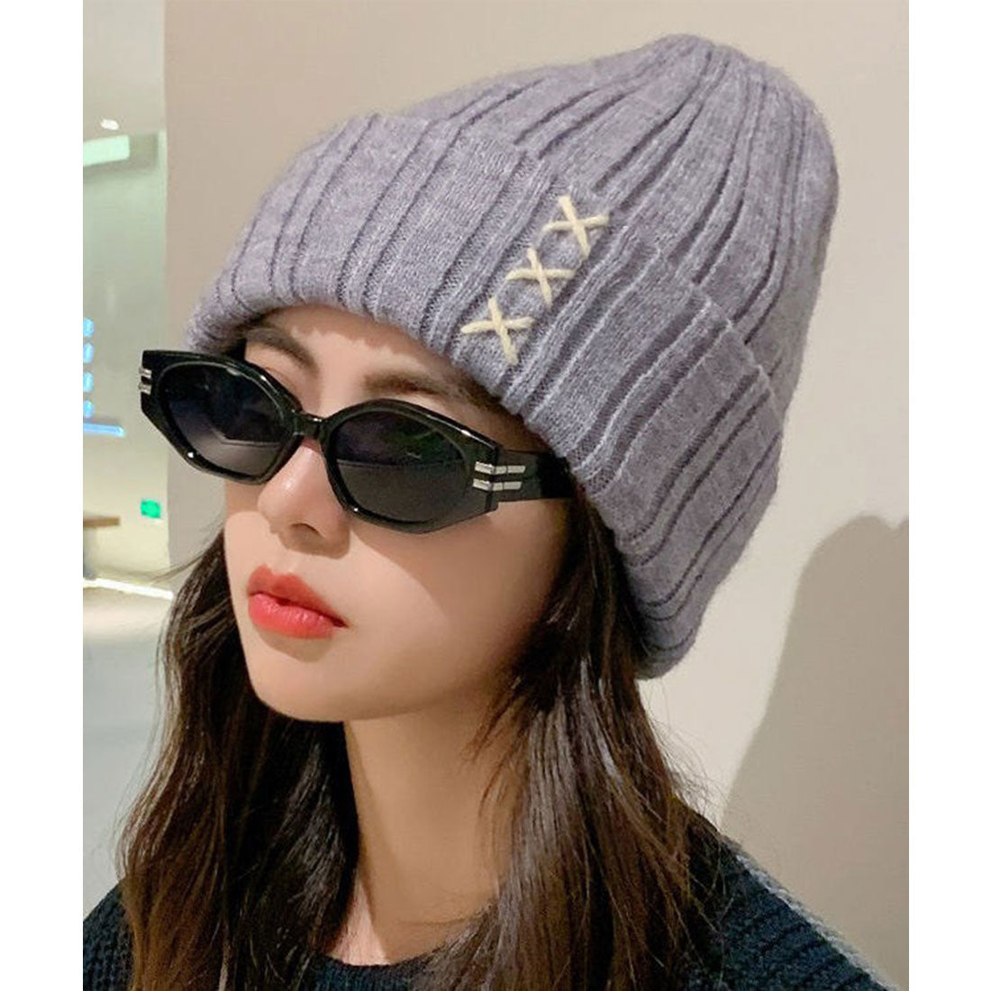 レースレディース Lace Ladies クロス ステッチ リブ ニット ワッチ キャップ (グレー) グレー