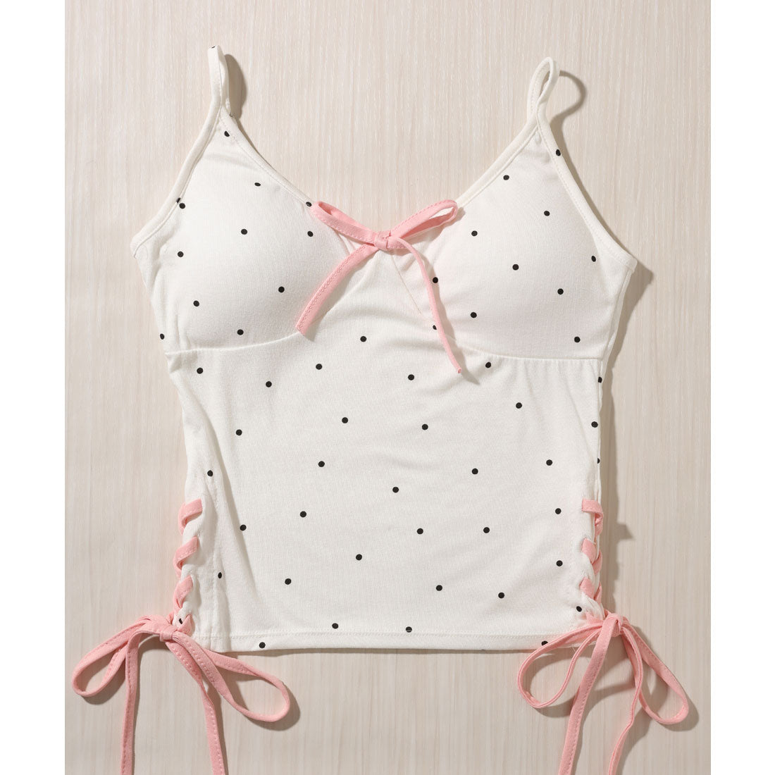 レースレディース Lace Ladies サイド シャーリング リボン付き ドット柄 カップ付き キャミソール (グレー) グレー