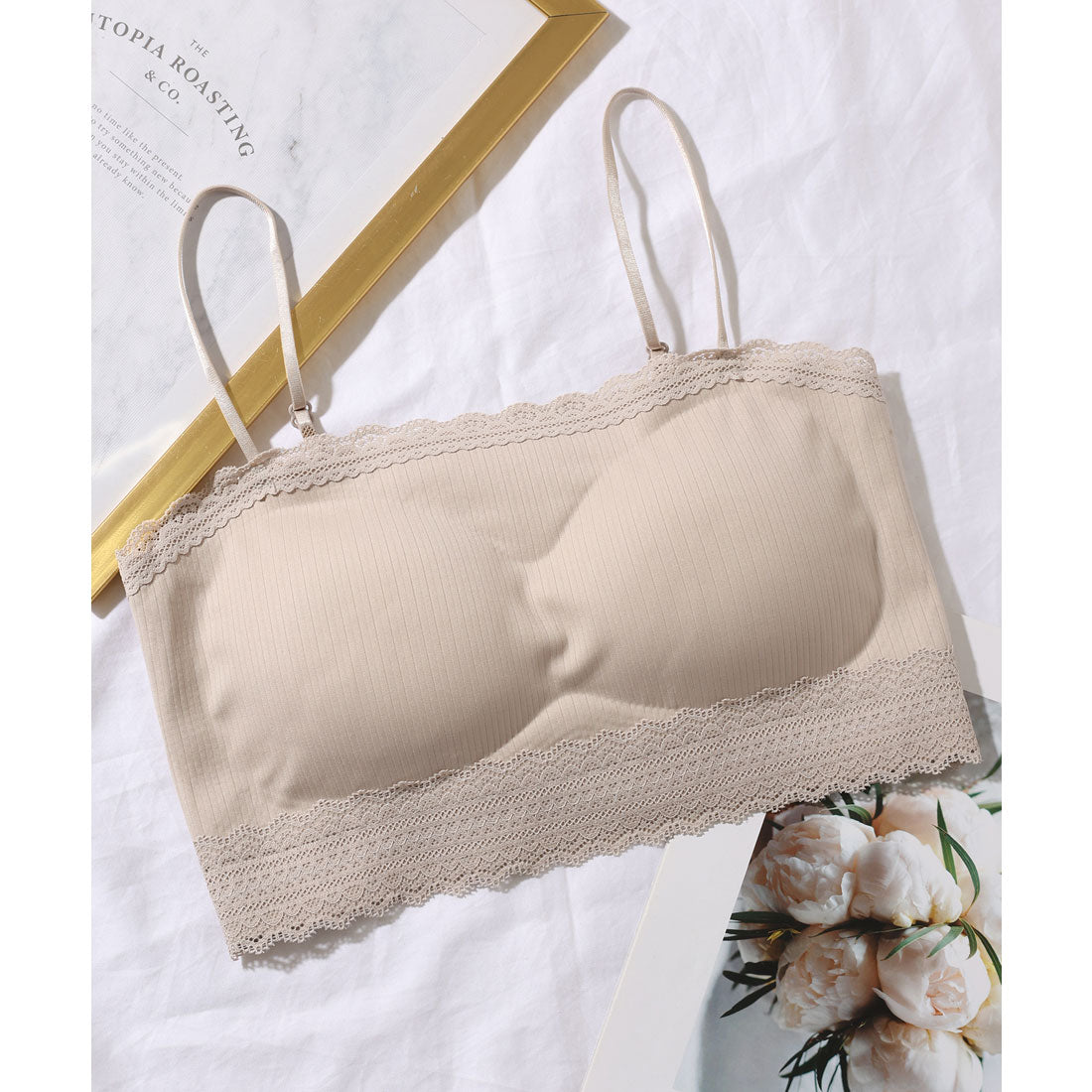 レースレディース Lace Ladies ソリッドカラー スカラップ スリム ノンワイヤー ブラジャー (ベージュ) ベージュ