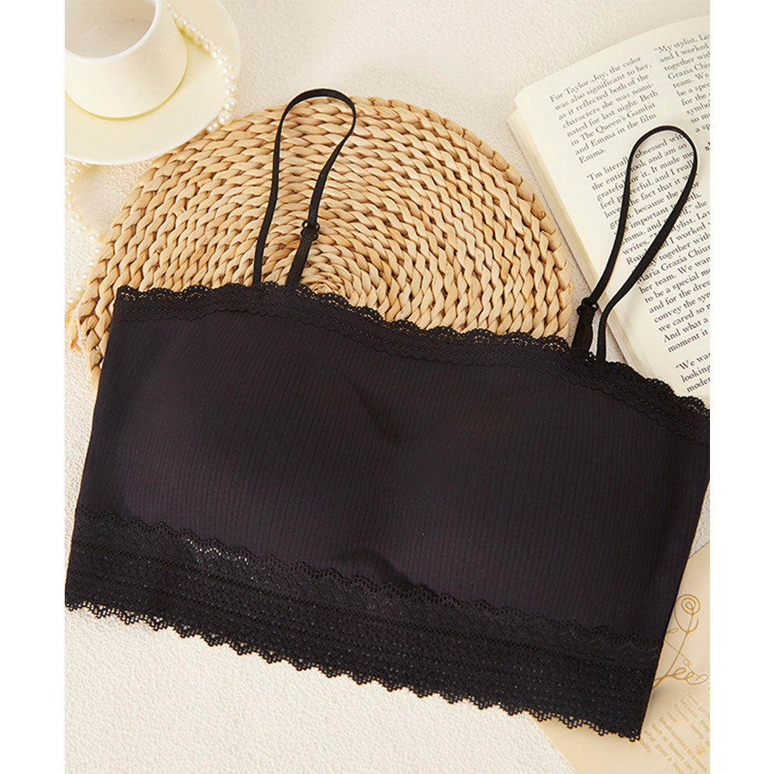 レースレディース Lace Ladies ソリッドカラー スカラップ スリム ノンワイヤー ブラジャー (ブラック) ブラック