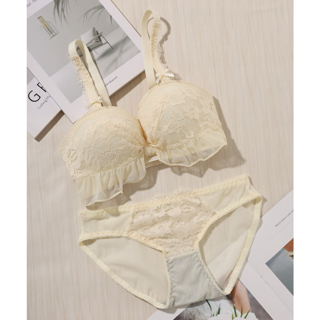 レースレディース Lace Ladies 【2点セット】リボン風 フリル ギャザー ブラ&ショーツ (ブルー) ブルー