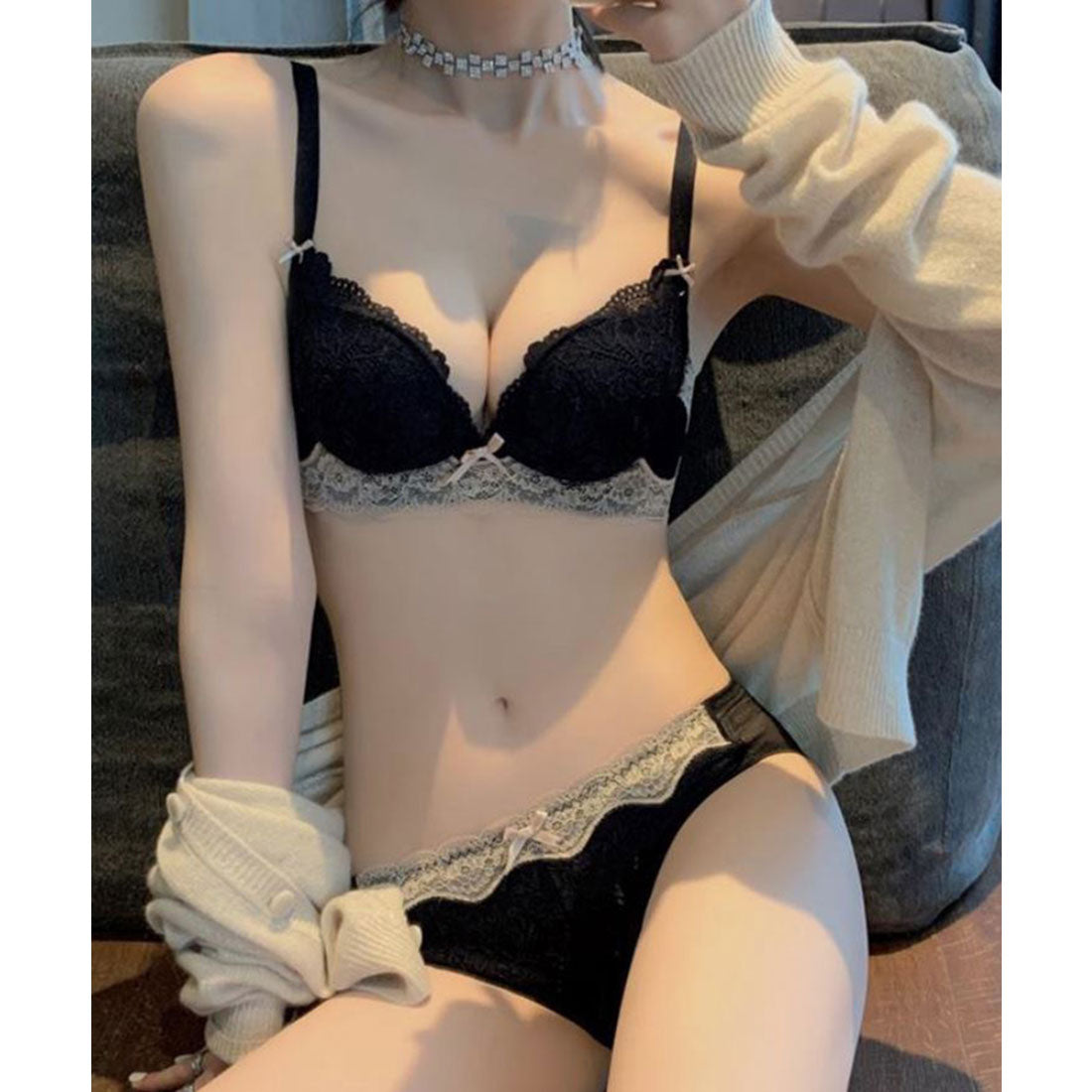 レースレディース Lace Ladies ノンワイヤー 脇高バイカラー花柄レースブラ&ショーツ 2点セット【返品不可商品】,ブラック