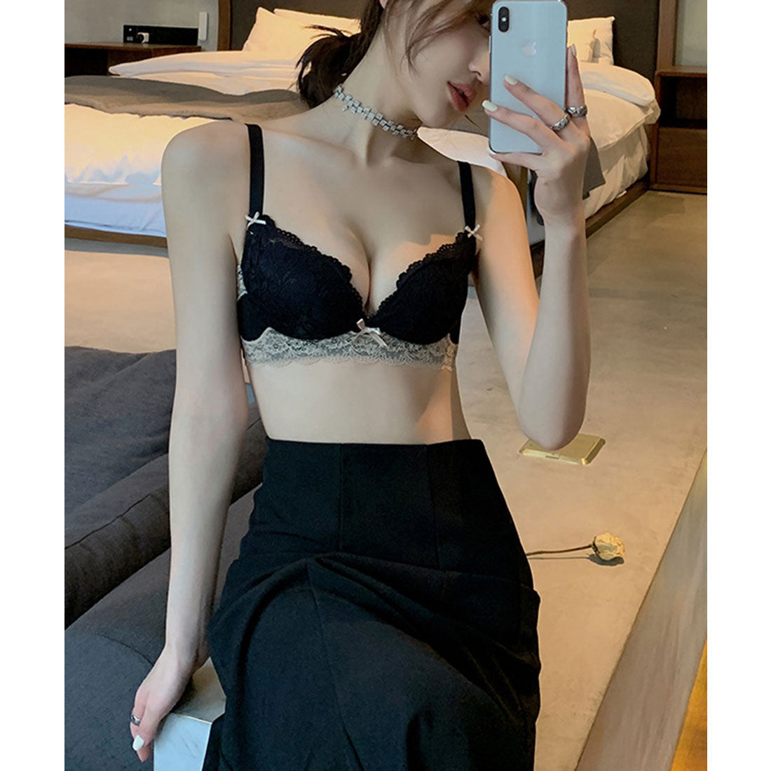 レースレディース Lace Ladies ノンワイヤー 脇高バイカラー花柄レースブラ&ショーツ 2点セット【返品不可商品】