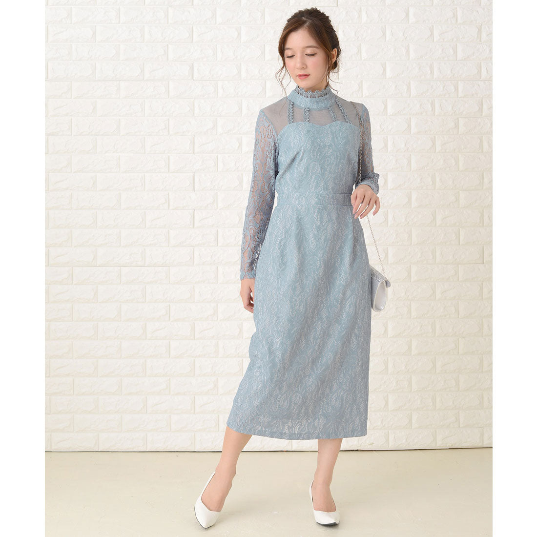 レースレディース Lace Ladies デコルテシースルー×レース袖クラシカルワンピースドレス