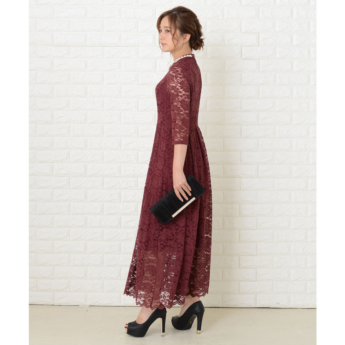 レースレディース Lace Ladies 総レース七分袖ロングワンピースドレス
