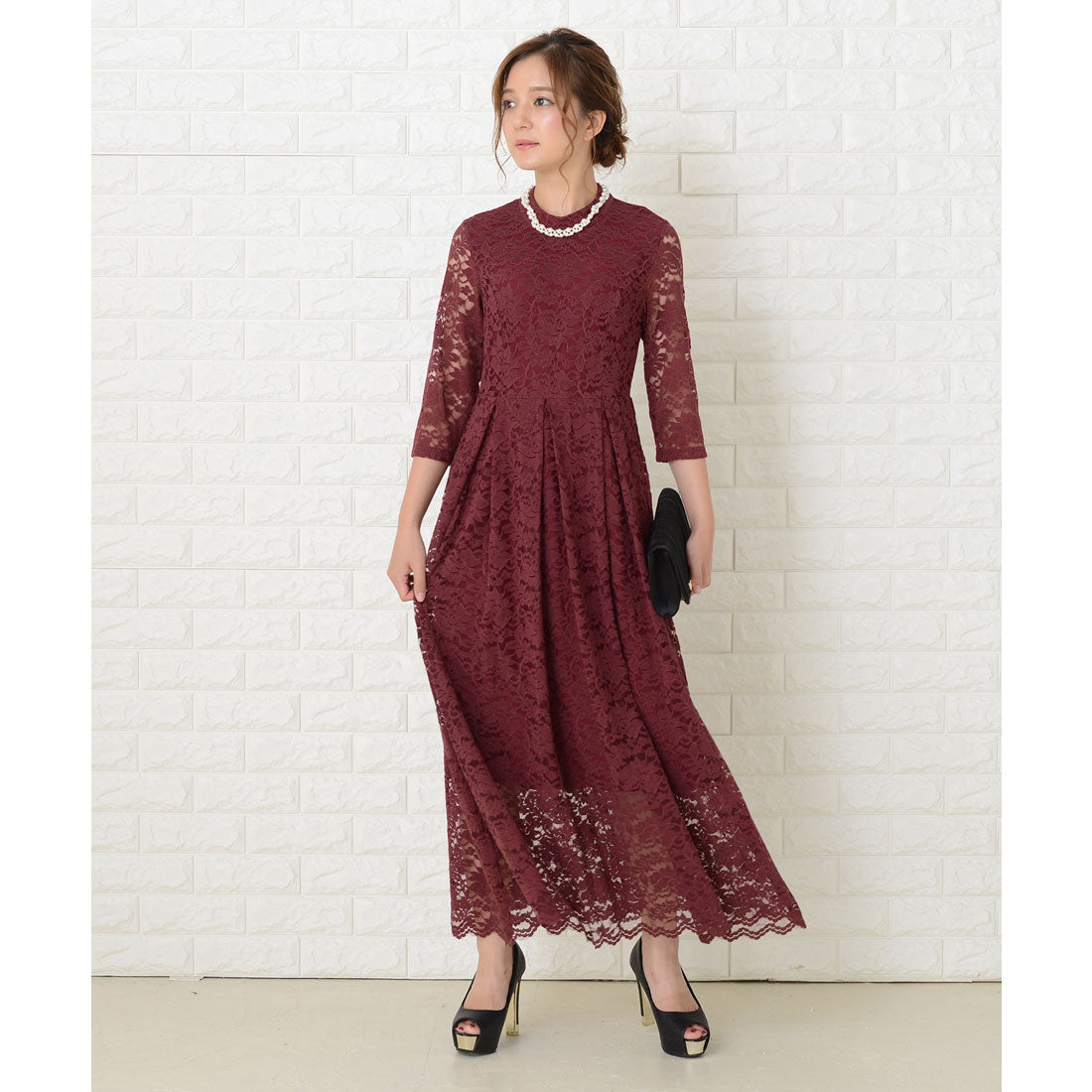 レースレディース Lace Ladies 総レース七分袖ロングワンピースドレス