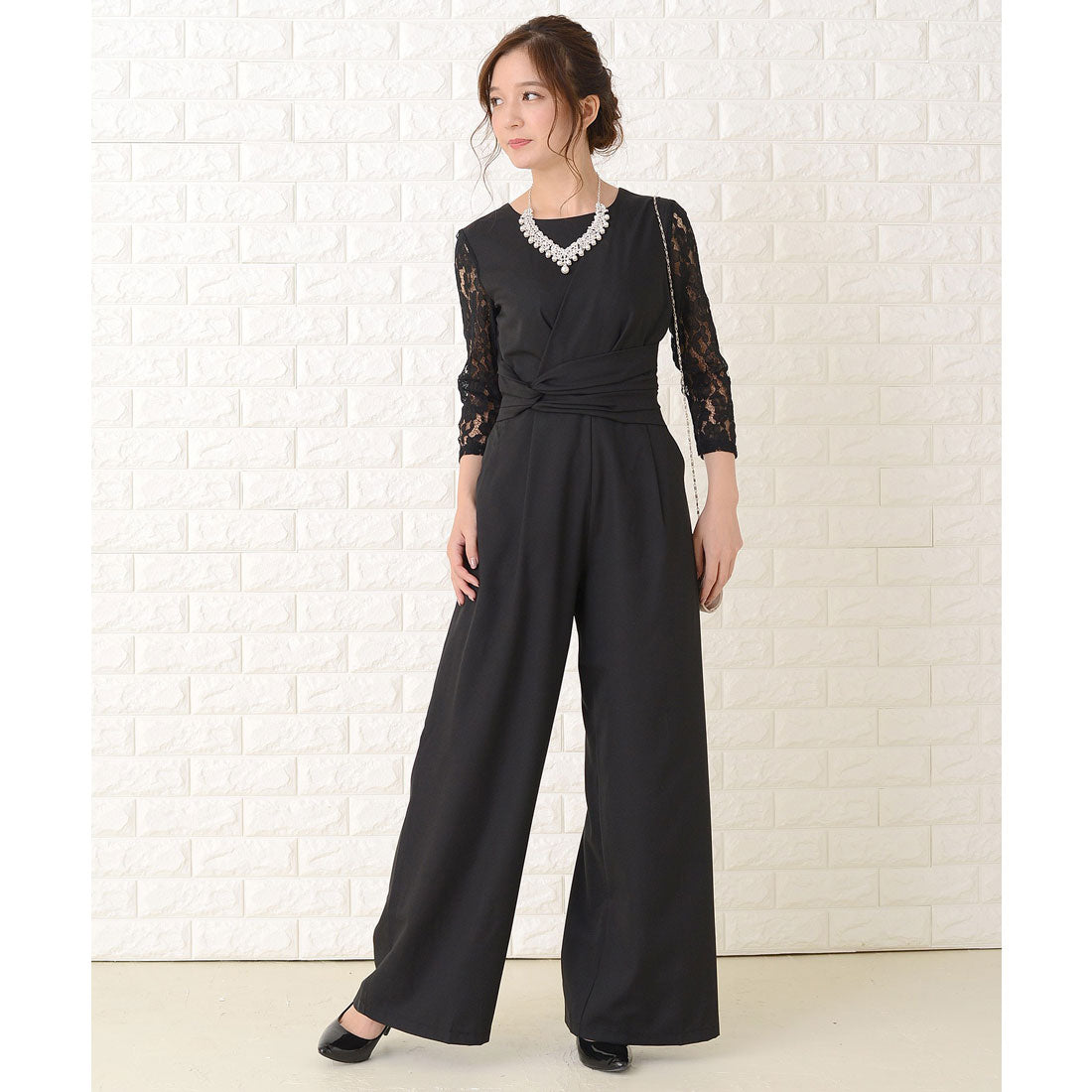 レースレディース Lace Ladies レース七分袖ワイドレッグパンツドレス・オールインワン,ブラック