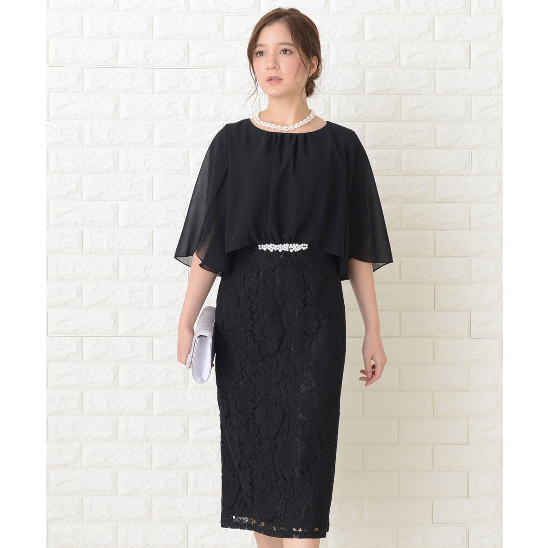 レースレディース Lace Ladies ビジュー付 ミモレ丈 レースワンピースドレス,ブラック