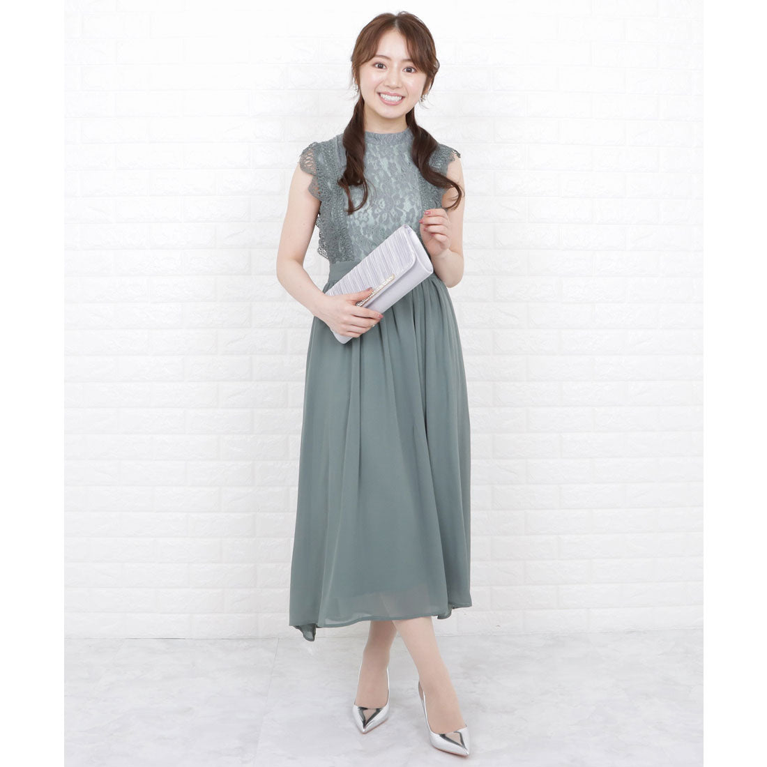 レースレディース Lace Ladies フリルノースリーブロングパーティドレス・ワンピース,ミント