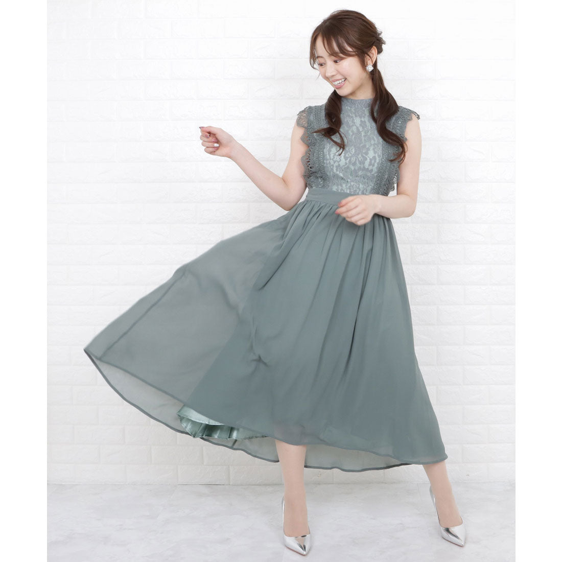 レースレディース Lace Ladies フリルノースリーブロングパーティドレス・ワンピース