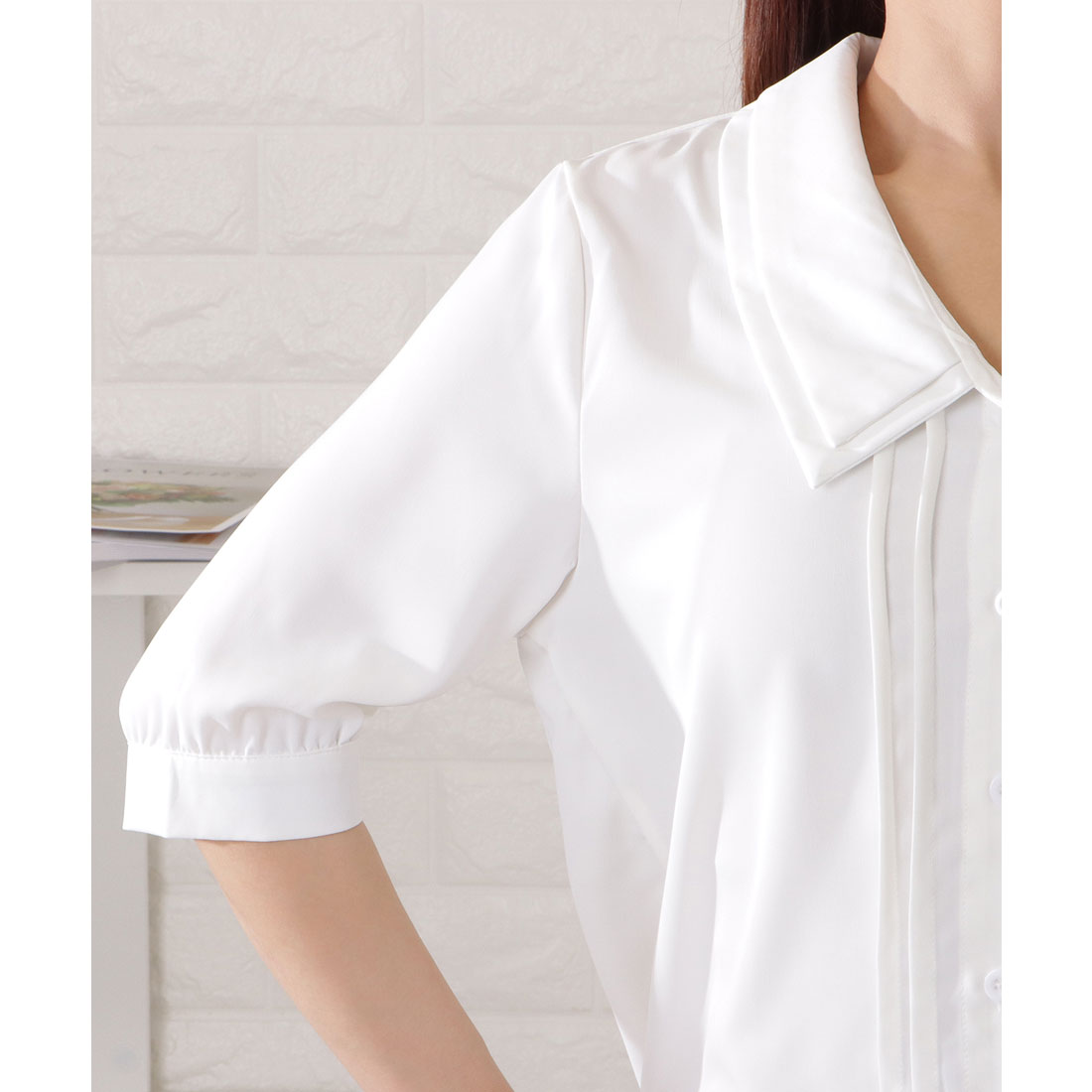 レースレディース Lace Ladies 深Vネックピンタック5分袖ブラウス (ホワイト) ホワイト