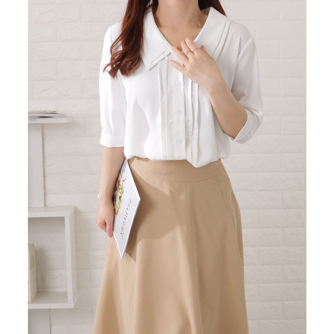 レースレディース Lace Ladies 深Vネックピンタック5分袖ブラウス (ホワイト) ホワイト