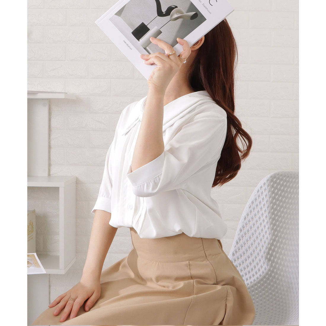 レースレディース Lace Ladies 深Vネックピンタック5分袖ブラウス (ホワイト) ホワイト