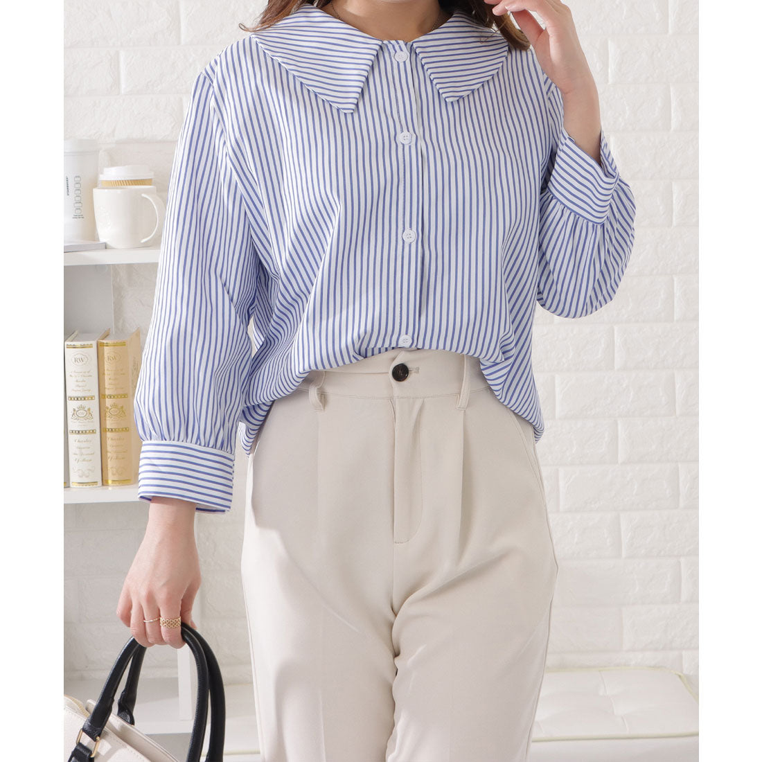 レースレディース Lace Ladies ストライプ柄ビッグカラーブラウス