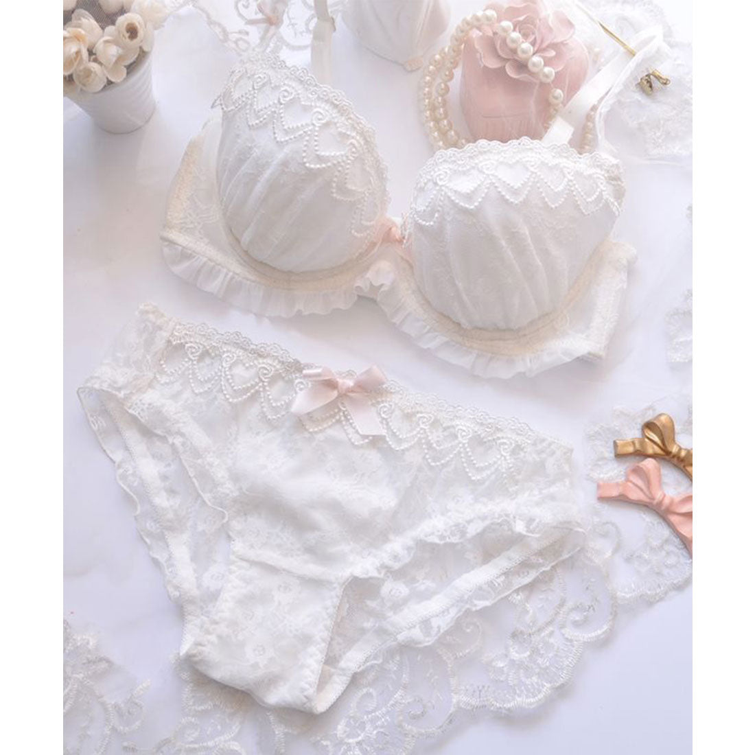 レースレディース Lace Ladies 谷間メイク レースブラ&ショーツ 2点セット【返品不可商品】,ホワイト