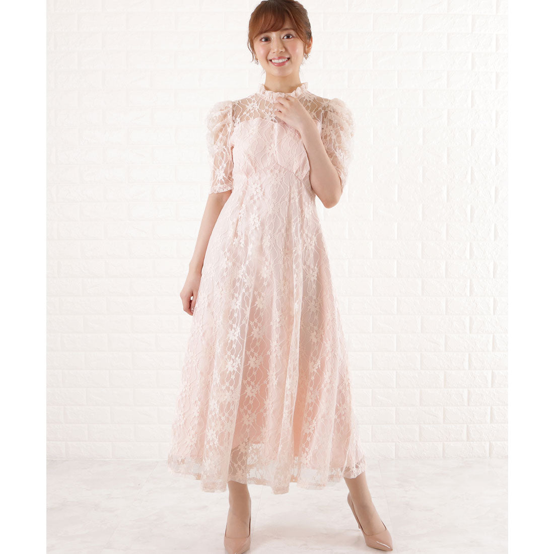 レースレディース Lace Ladies パワーショルダー総レースワンピースドレス,ピンク