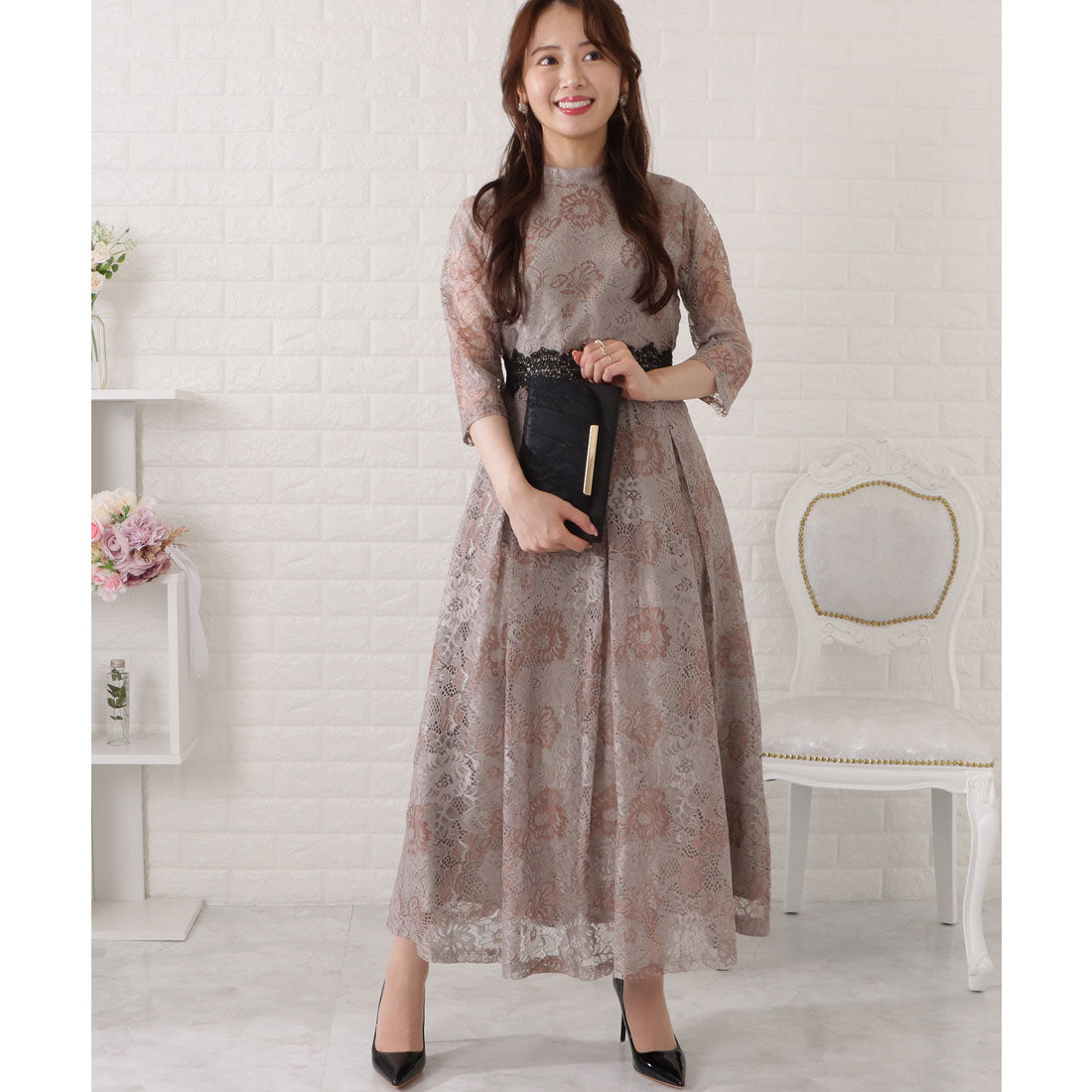 chinese dress ladies Lace Ladies Large lace 3/4 sleeve color combination flare dress