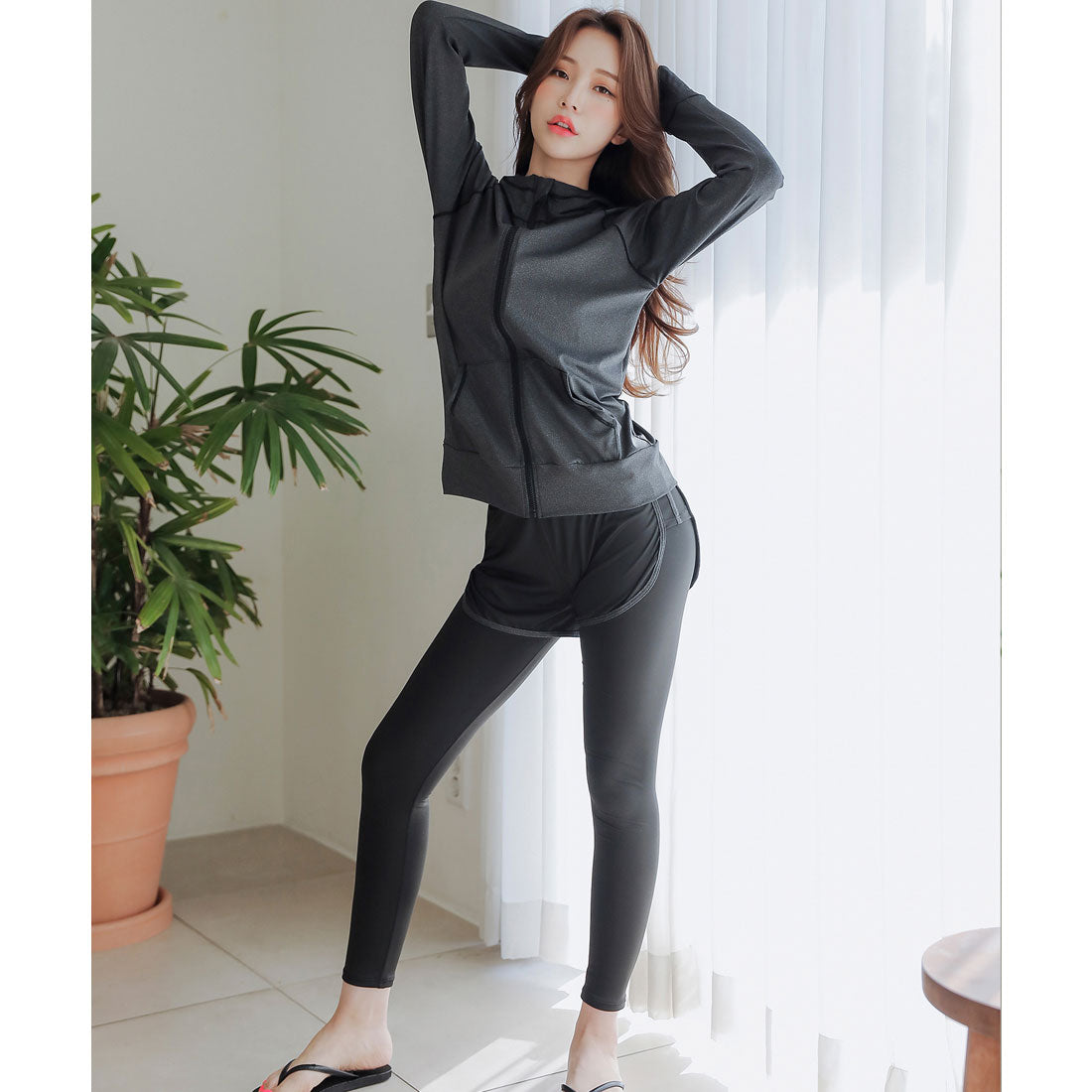 レースレディース Lace Ladies ラッシュガード レギンス付きショートパンツセパレート水着3点セット,ダークグレー